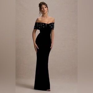 Club L London WEST END Black Velvet Embellished Bardot Prom Maxi Dress